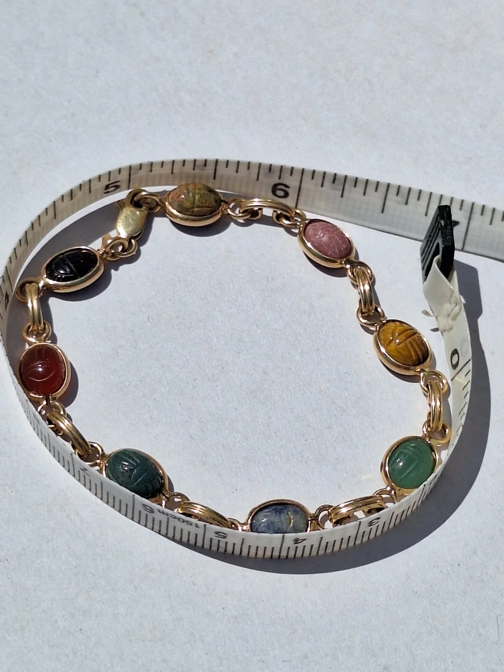 14K Gold Egyptian Revival Multi-Stone Scarab Link Bracelet - Assorted Colors